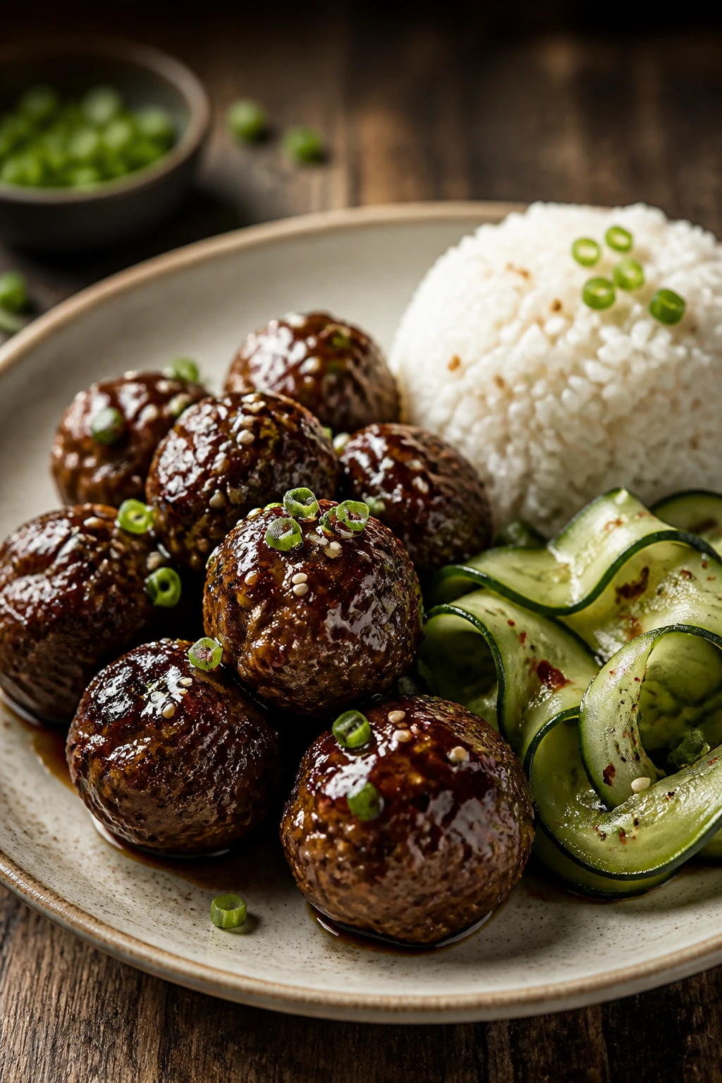 Close-up of bulgogi meatballs with cucumber and rice on a plate