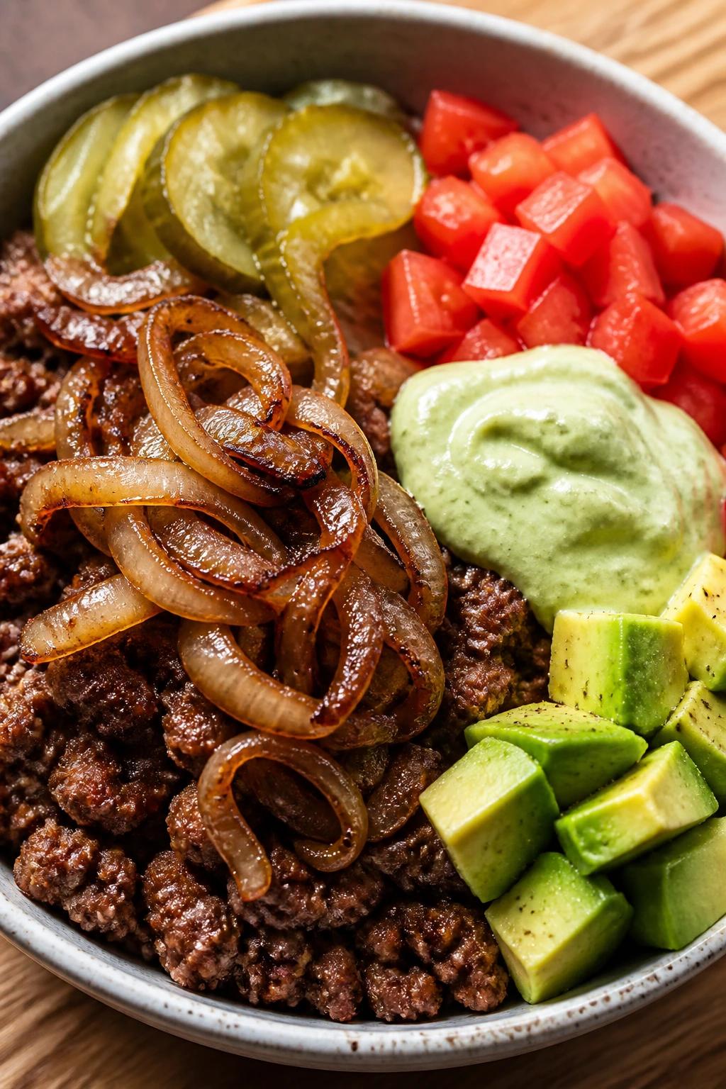 Close-up of bunless burger bowl with caramelized onions