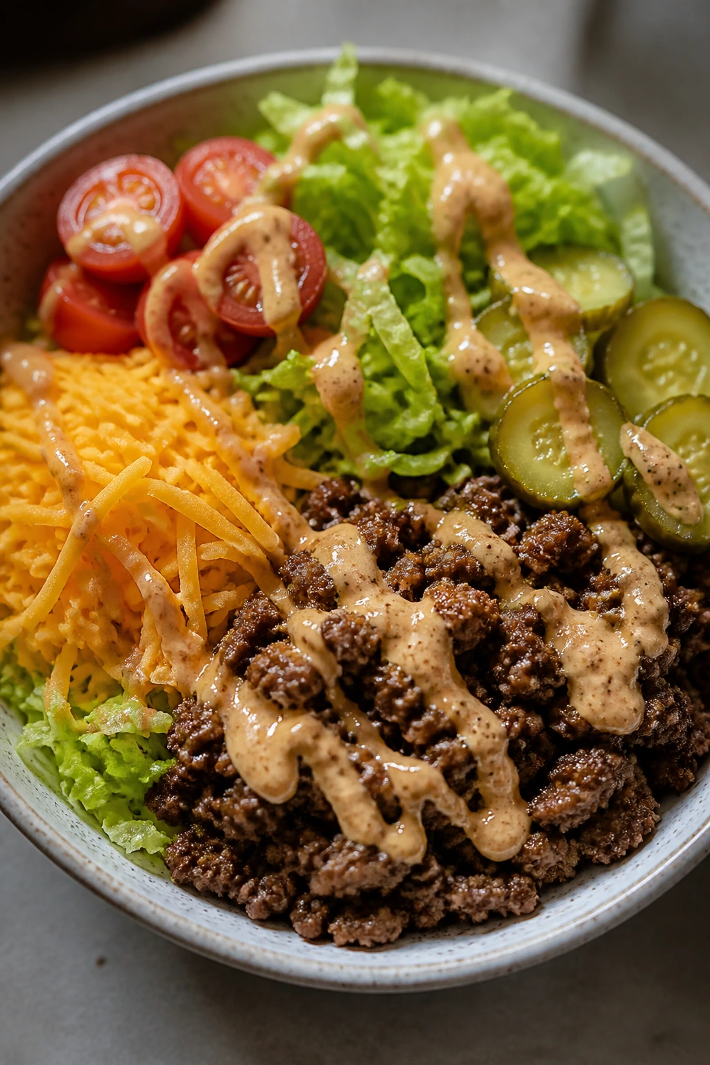 Close-up of burger bowls with beef, lettuce, cheese and pickles