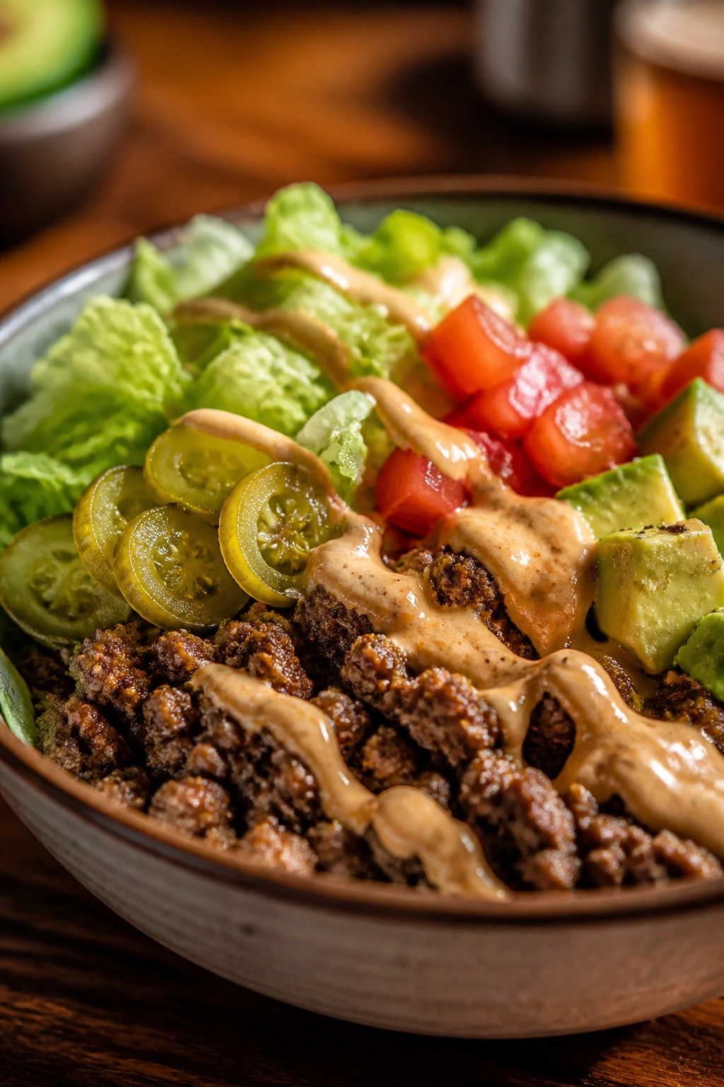 Close-up burger bowls with pickles and sauce in a bowl