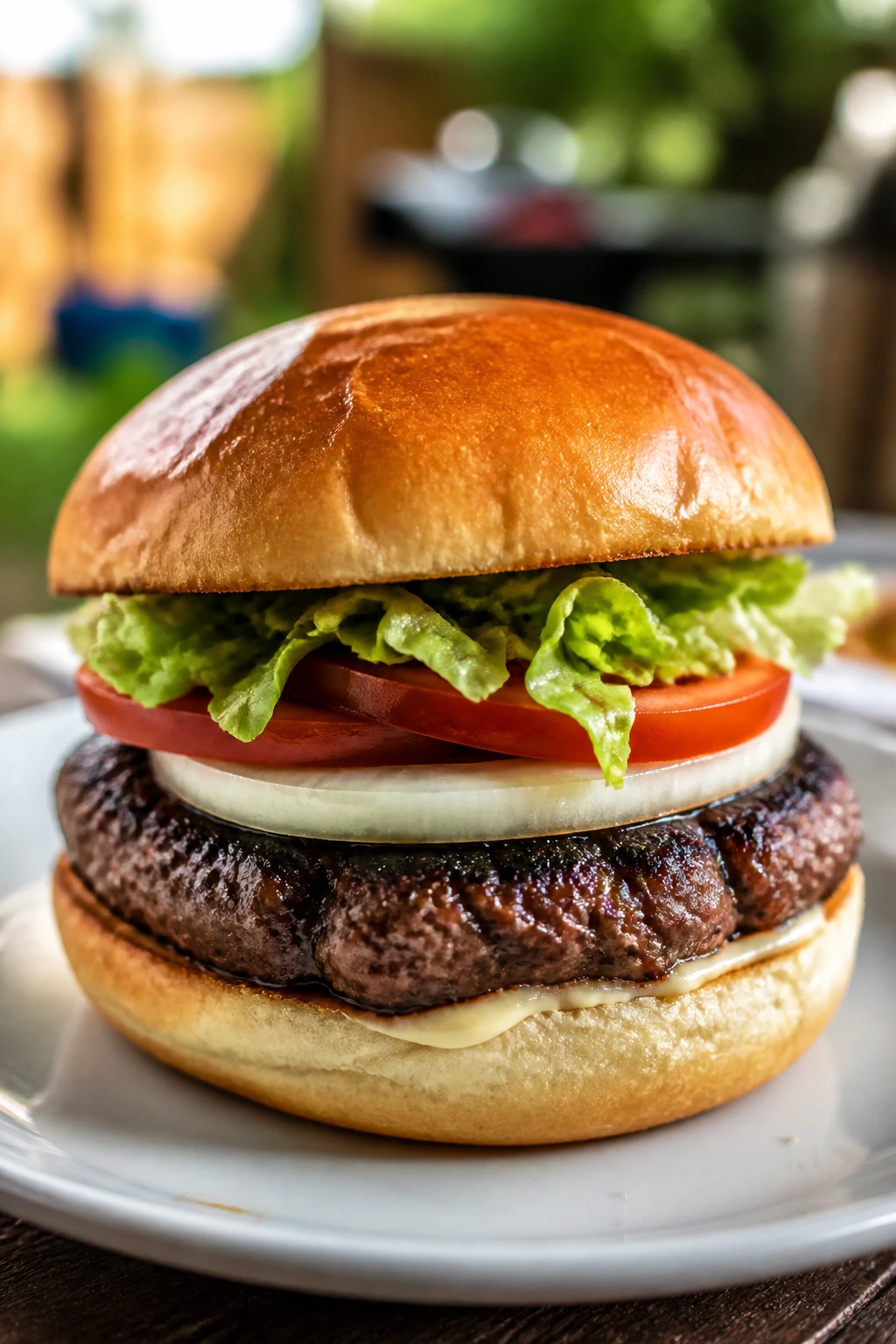 Close-up of a classic burger on a plate in a backyard setting