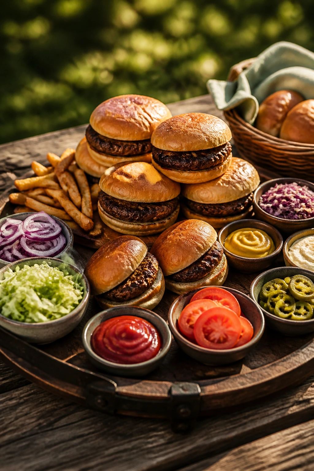 Close-up of a serving tray with stacked burgers and toppings at an outdoor cookout