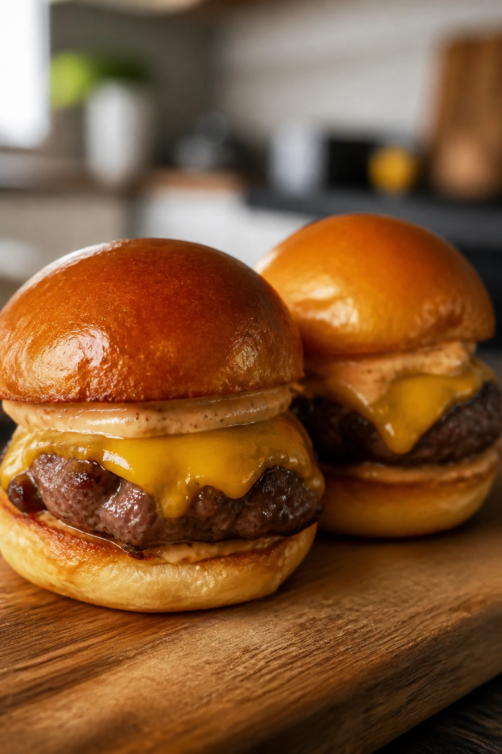 Two beef sliders with cheese and sauce on wooden board