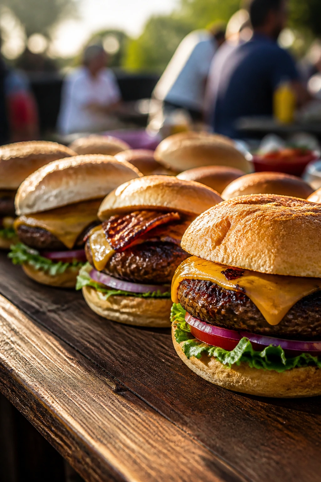 Close-up of juicy burgers lined on a rustic table at a backyard cookout