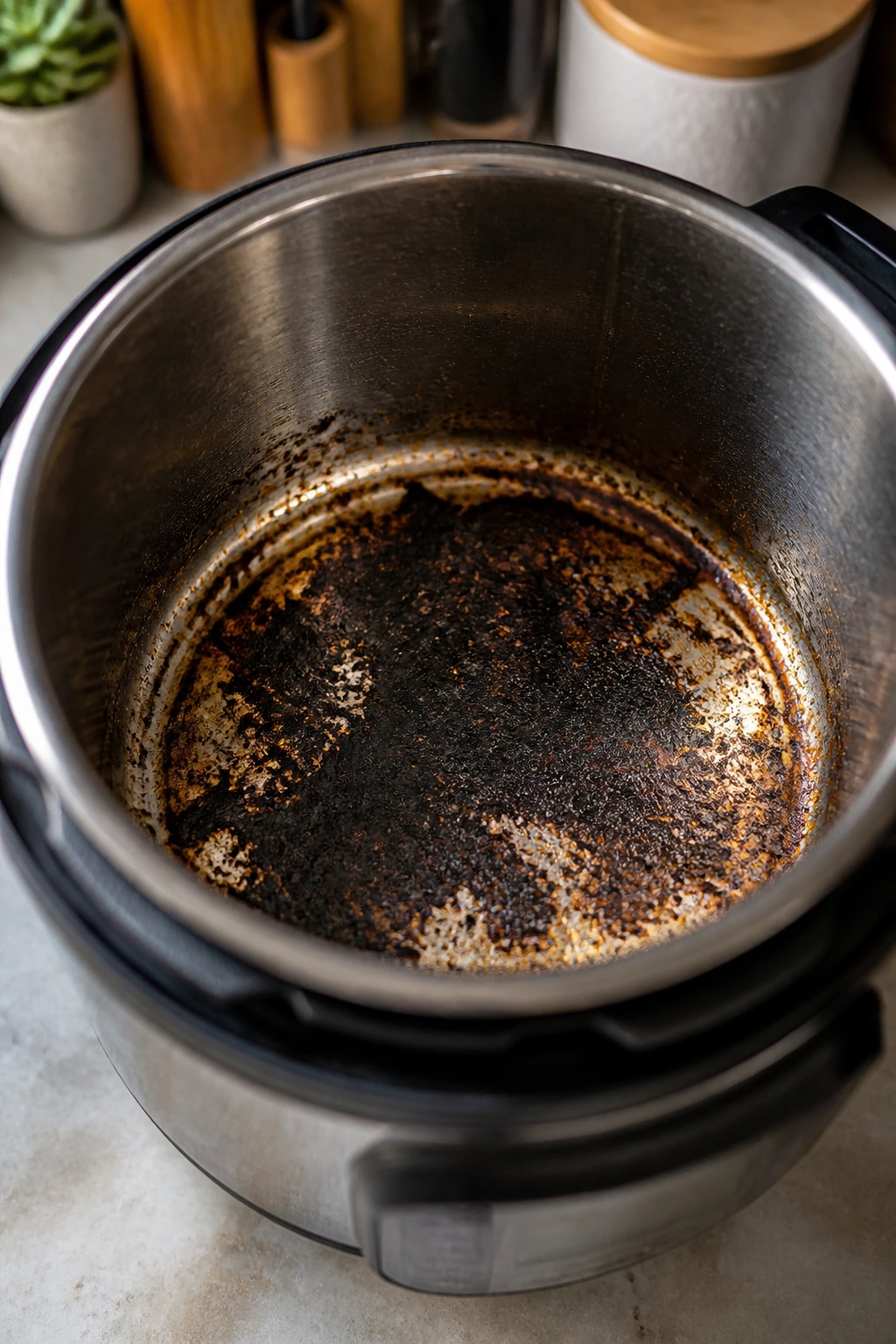 Close-up of a burnt bottom of an Instant Pot insert illustrating a common cooking mistake