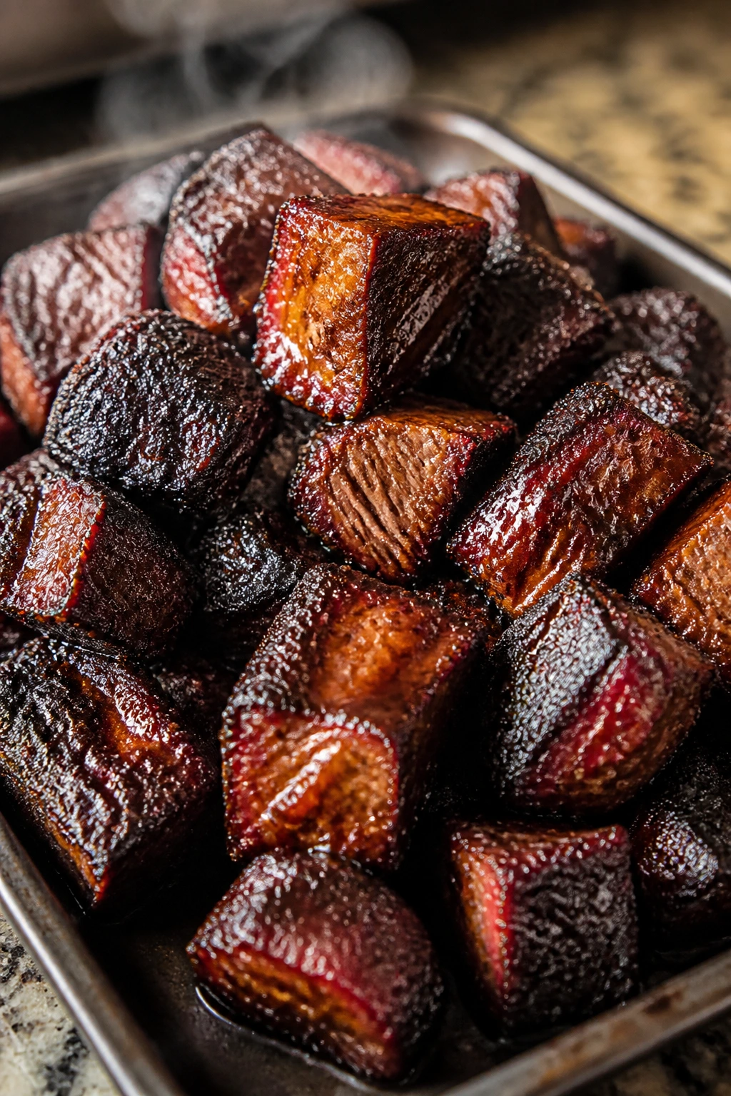 Glossy burnt ends on a dark tray