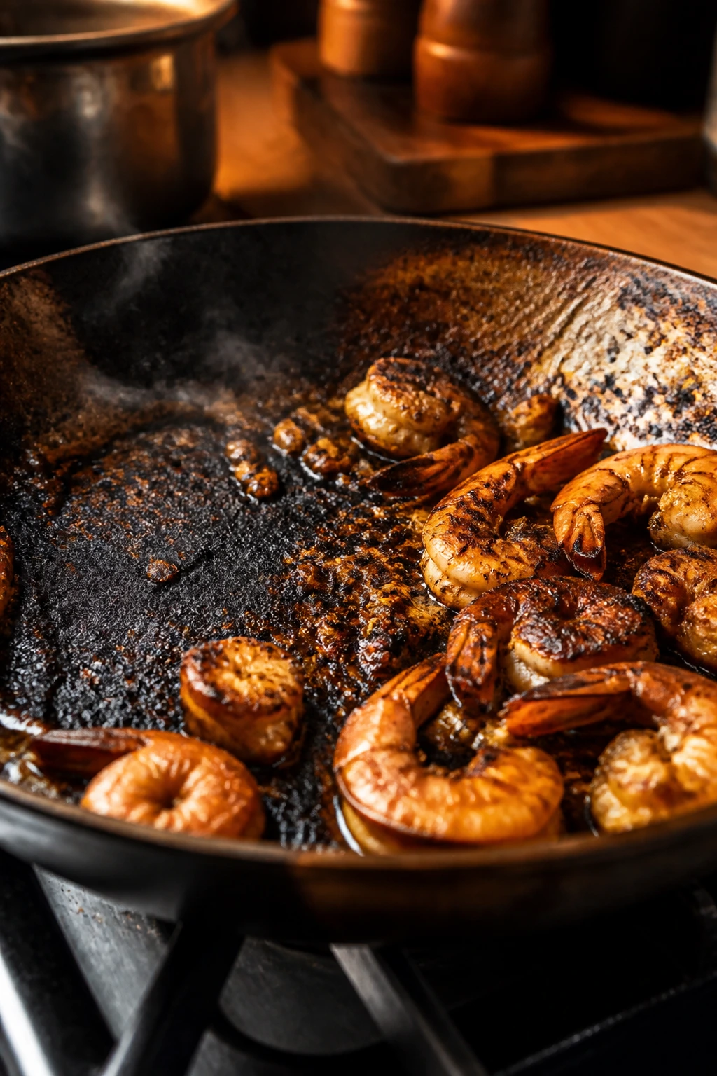 Skillet showing burnt roux and overcooked seafood in a warm kitchen