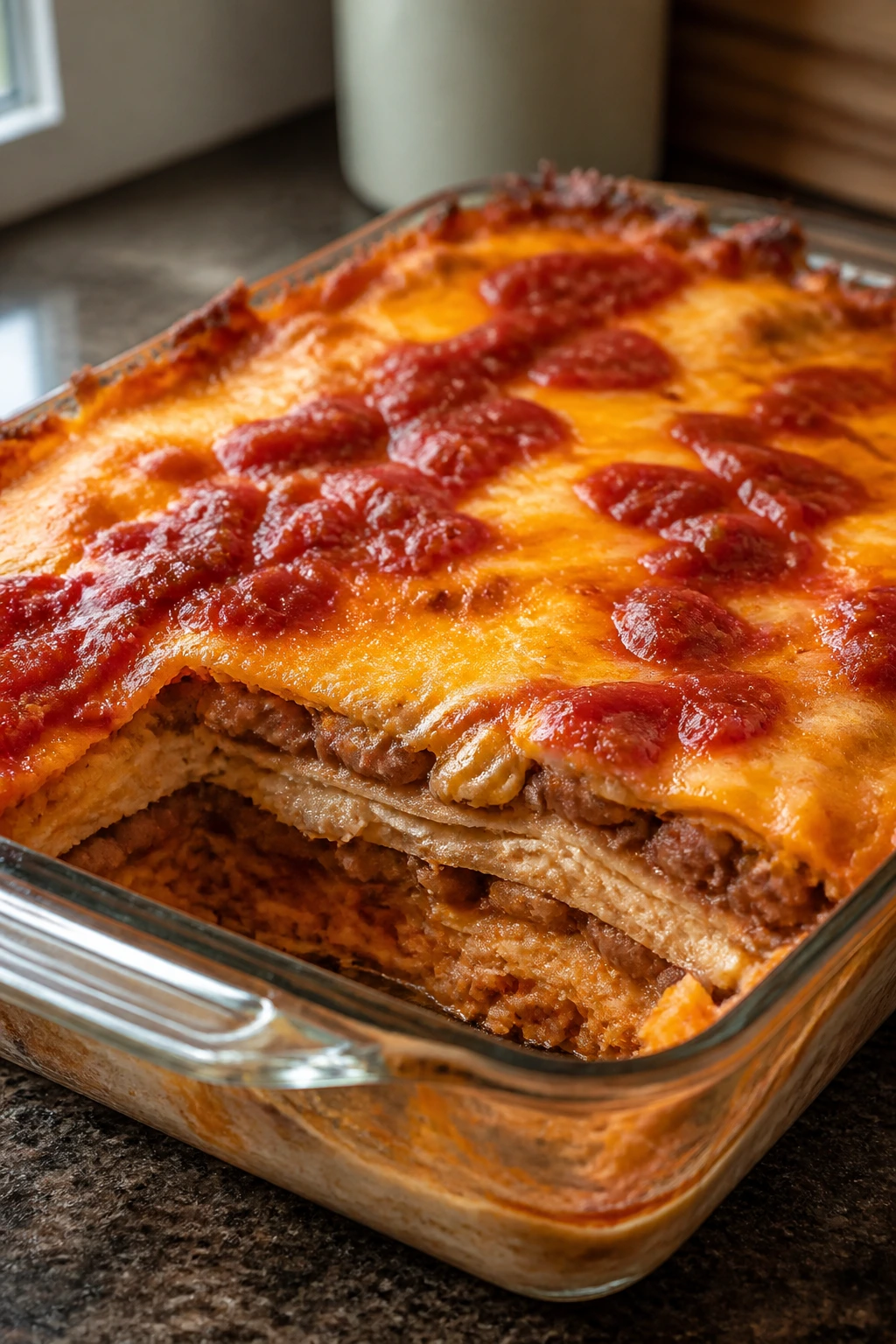 Layered burrito bake with tortillas, beans, rice and cheese