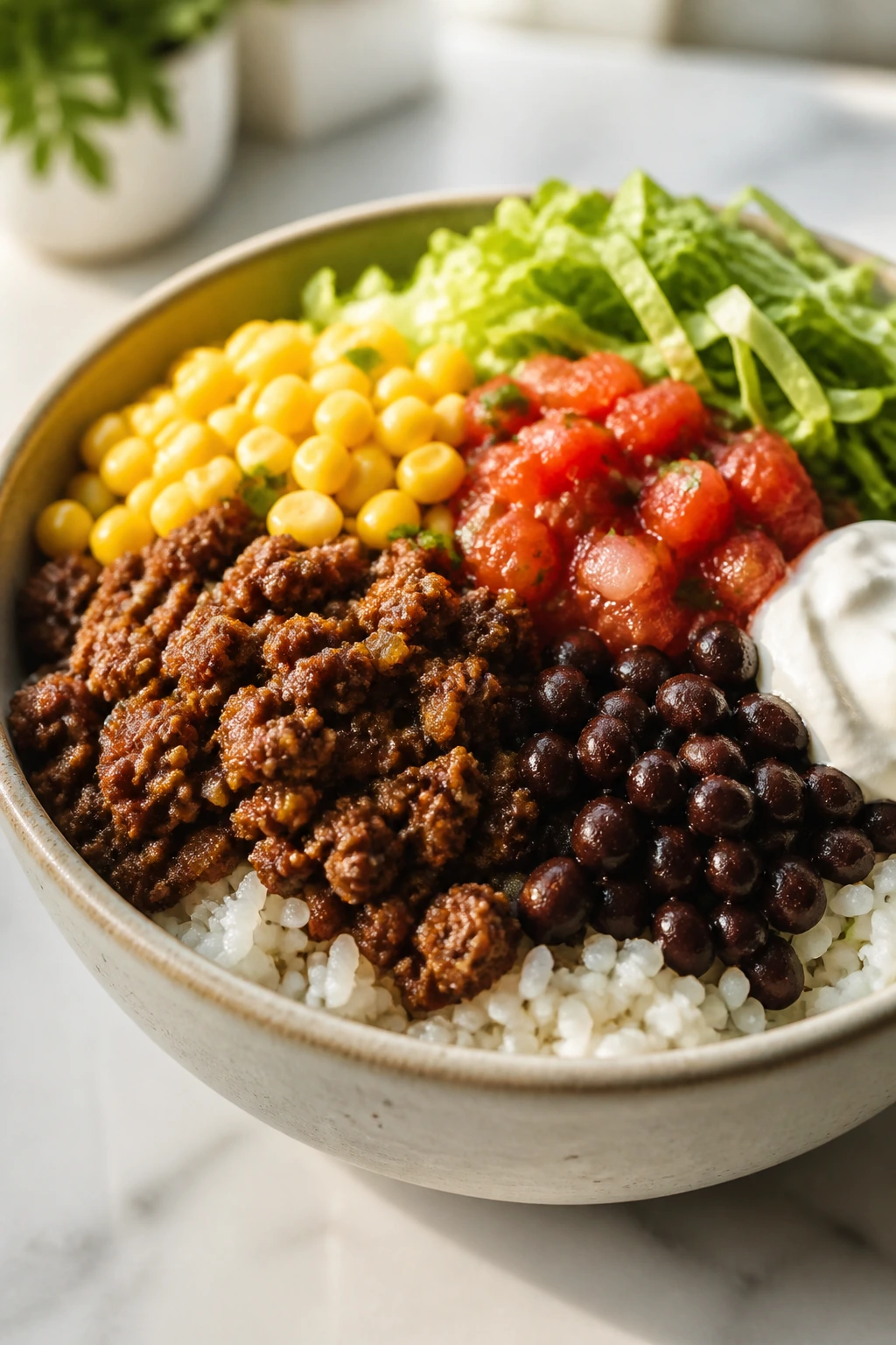 Burrito bowl filled with rice, beans, beef, and toppings