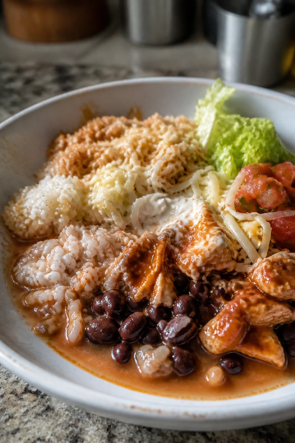 Burrito bowl showing misaligned components and watery sauce