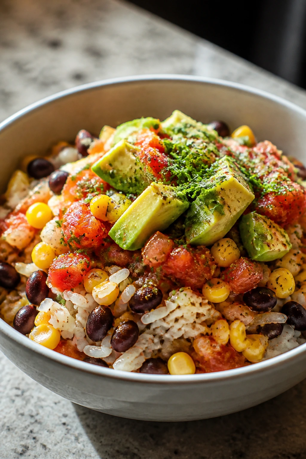 Bowl with rice, beans, corn, salsa, and avocado