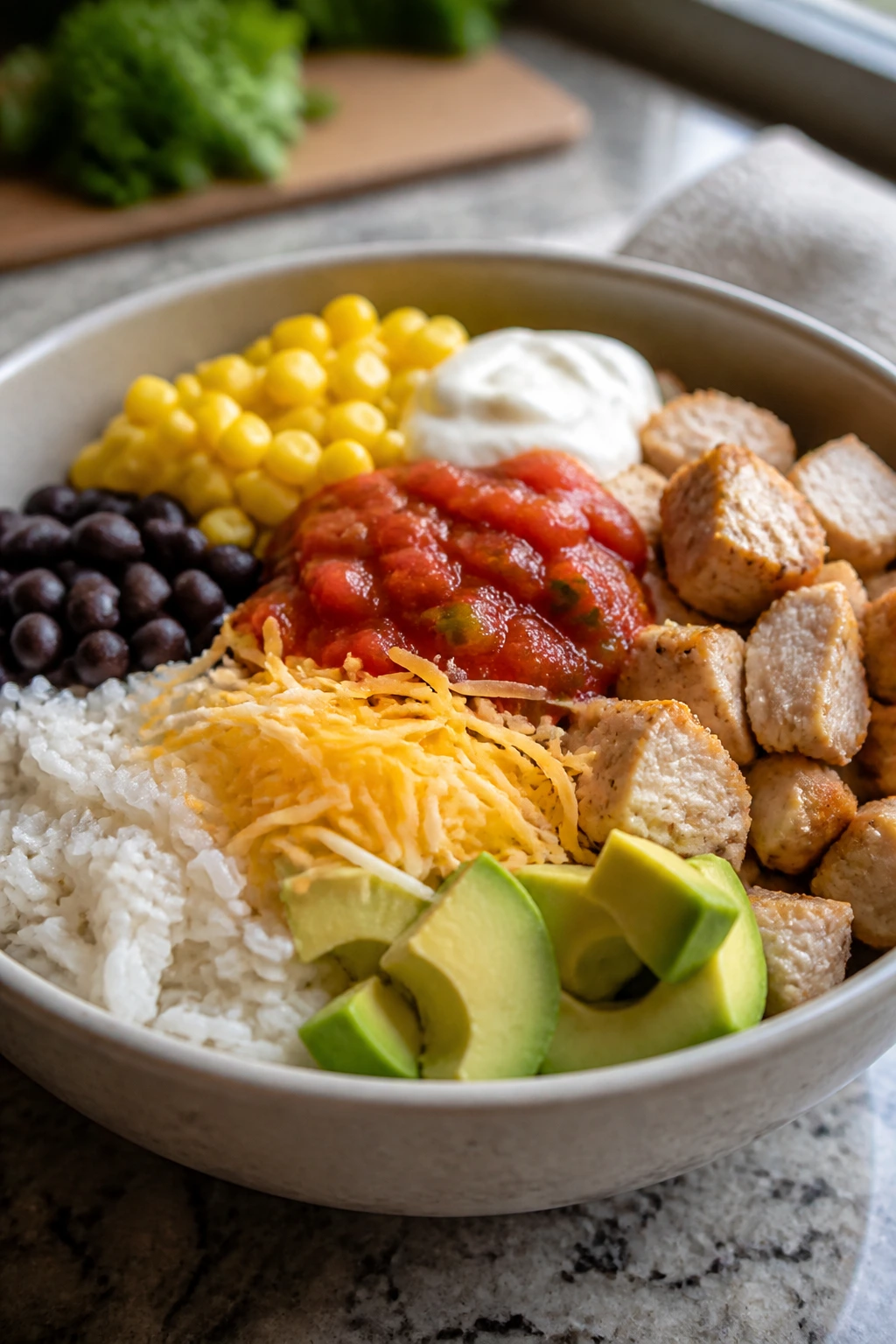 Close-up of burrito bowl with rice, chicken, beans, corn, cheese, and salsa