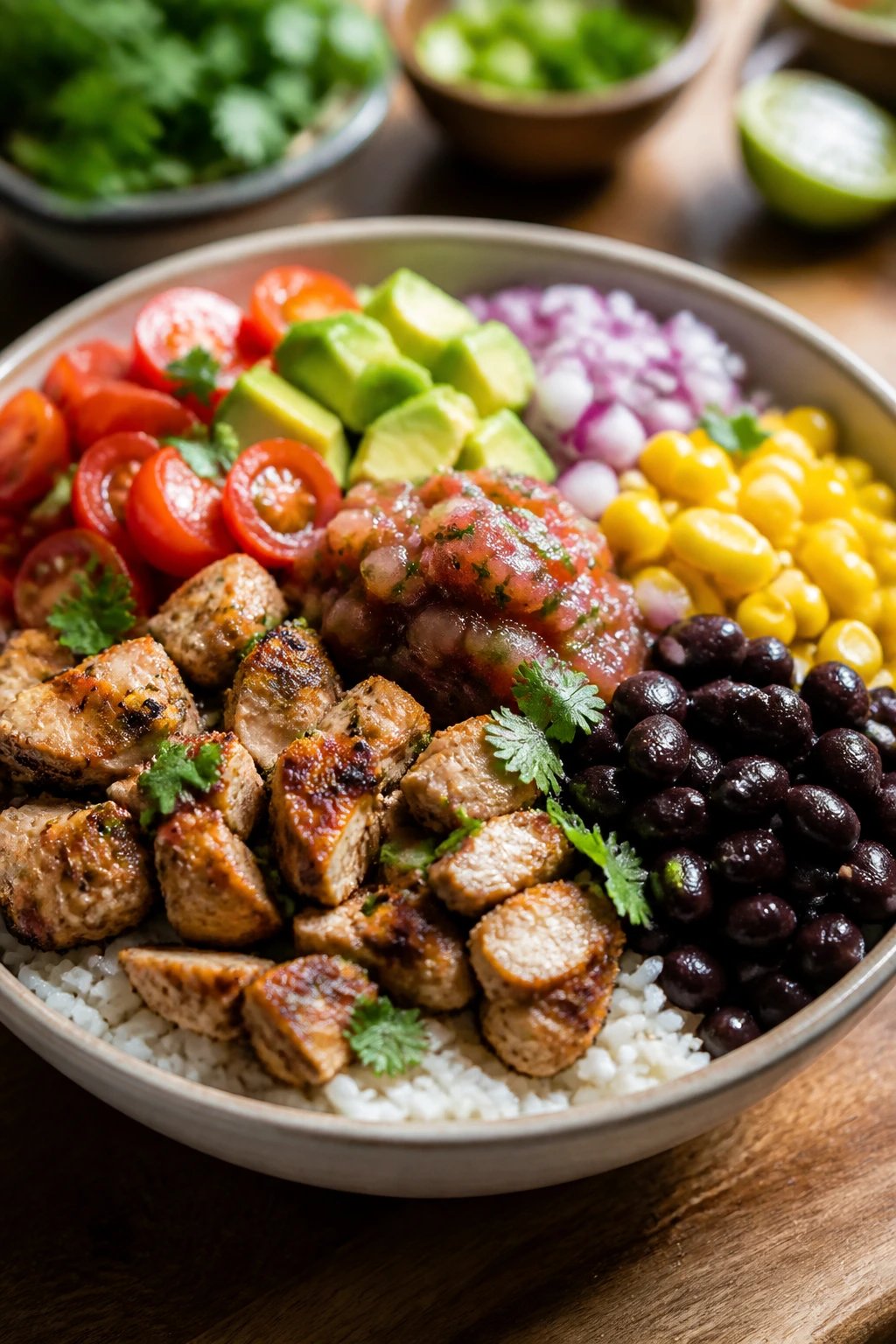 Close-up of a burrito bowl showing distinct sections of rice, protein, beans, and vegetables on a wooden counter