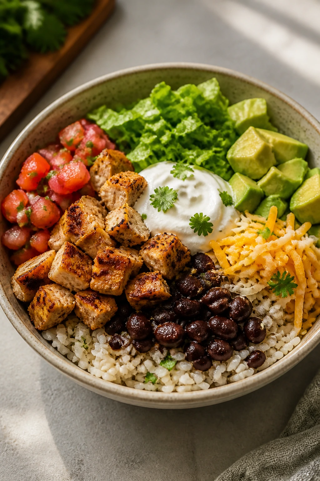 Colorful burrito bowl showing layered components with no tortilla