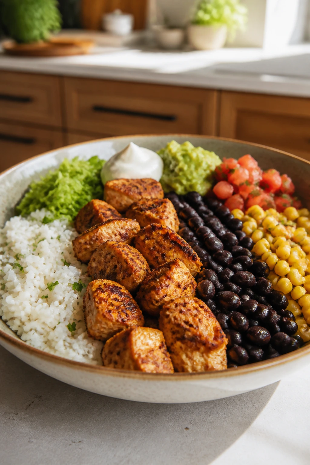 Close-up burrito bowl served in wedge sections in a shallow bowl on a kitchen counter