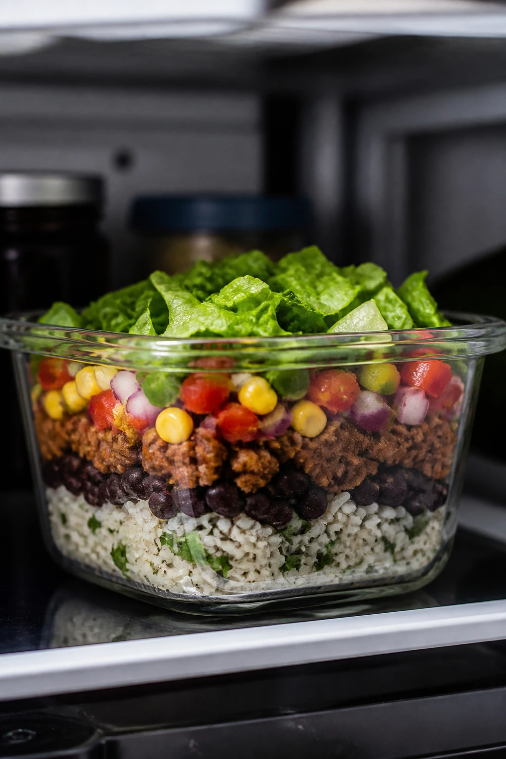 Glass burrito bowl in fridge showing layered ingredients