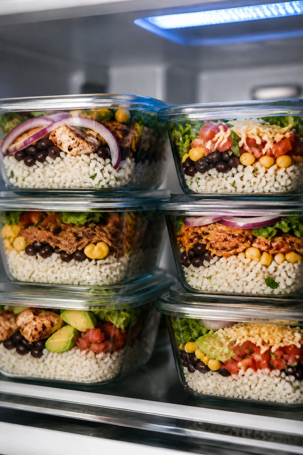 Close-up of burrito bowls in glass containers on a fridge shelf