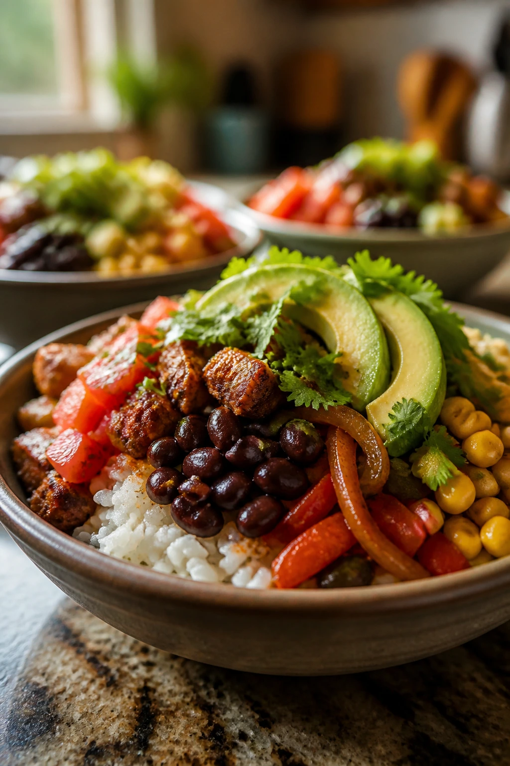 Close-up of a hearty burrito bowl with rice, beans and toppings