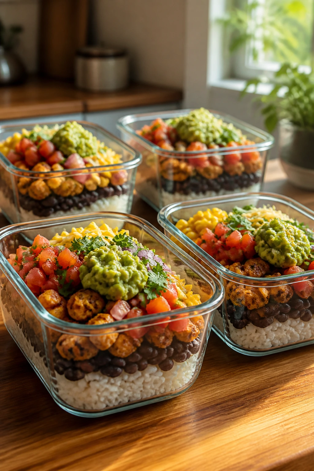 Close-up of burrito bowls in glass meal-prep containers on a wooden counter