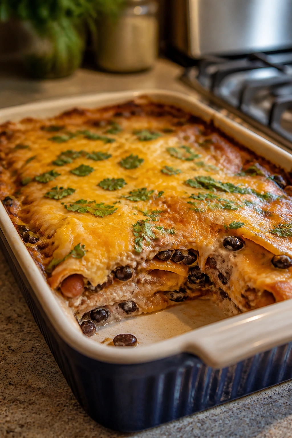 Creamy burrito casserole with beans and melted cheese in a home kitchen.