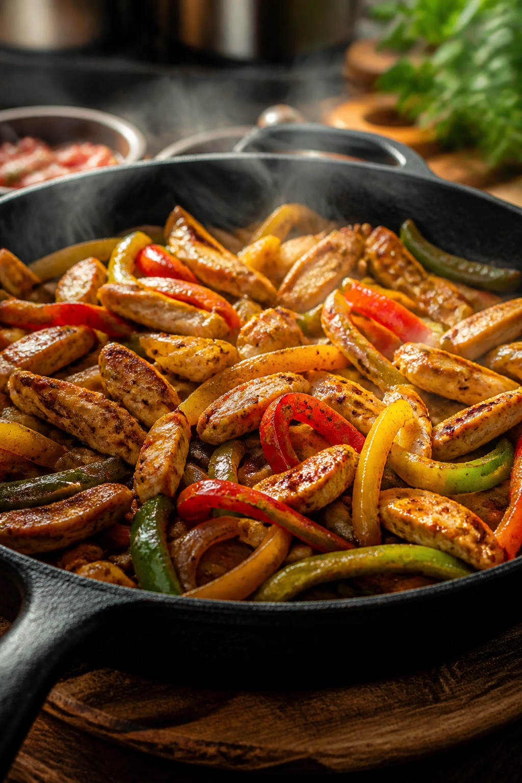 Close-up of a sizzling fajita filling in cast-iron skillet with peppers and chicken