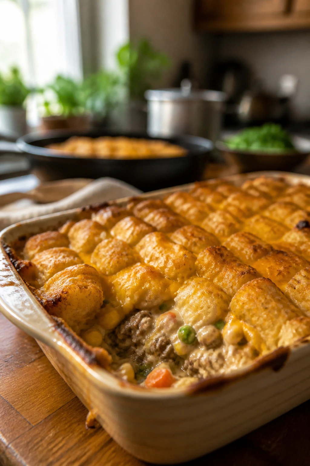 Close-up of a crispy-topped tater tot casserole on a kitchen counter