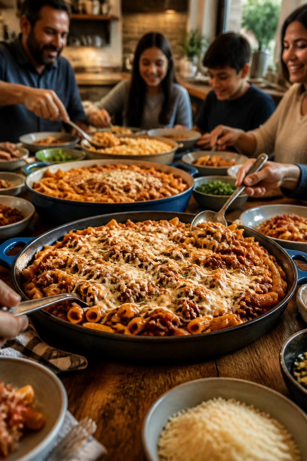 Busy table with multiple ground beef pasta dishes and serving pans