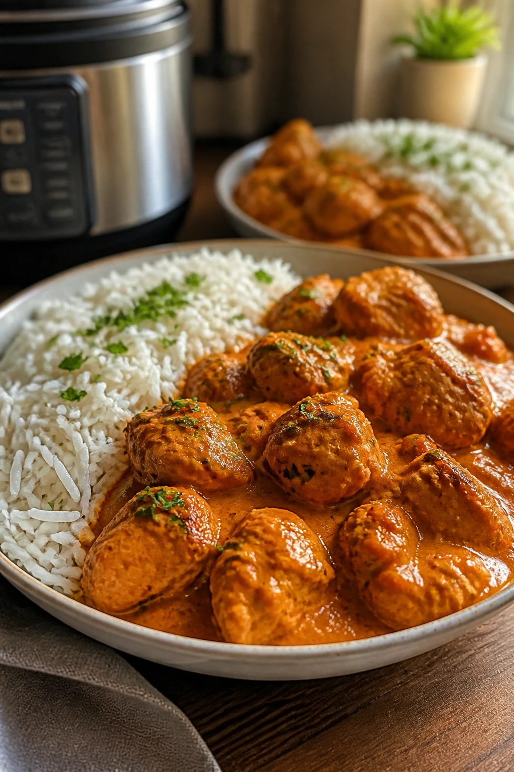 Close-up of butter chicken with basmati rice