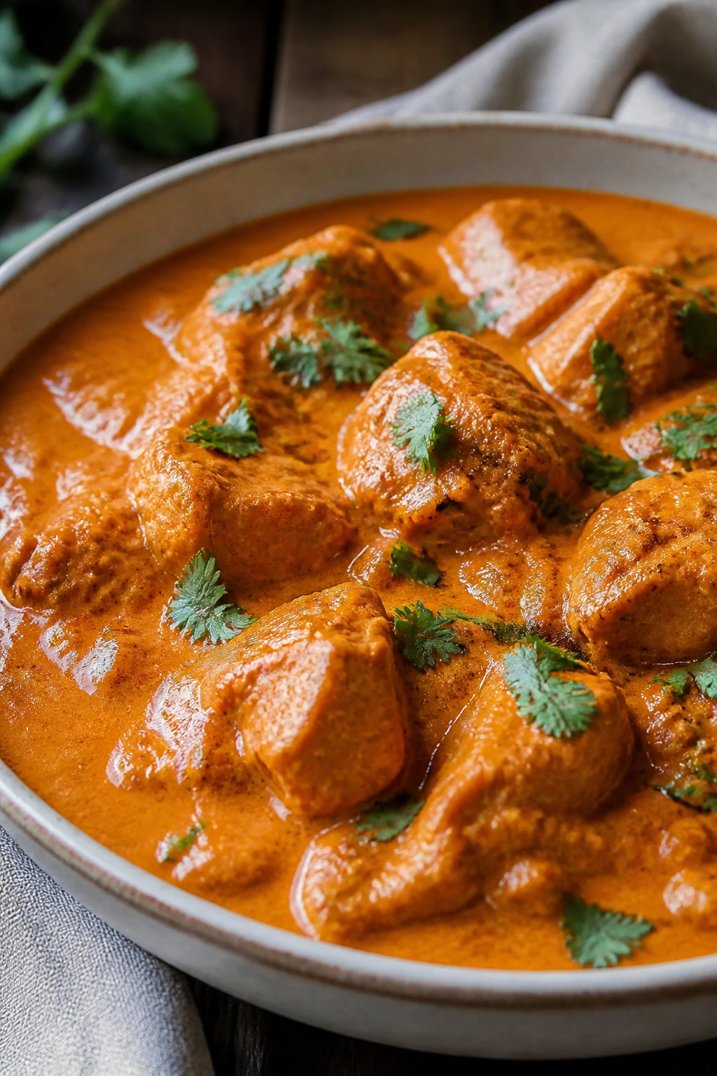 Close-up of creamy butter chicken in a bowl