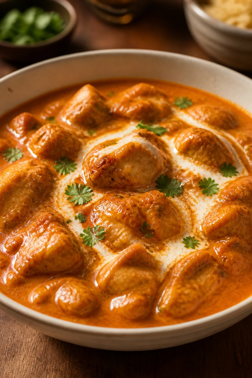 Creamy butter chicken in a bowl with visible chicken pieces