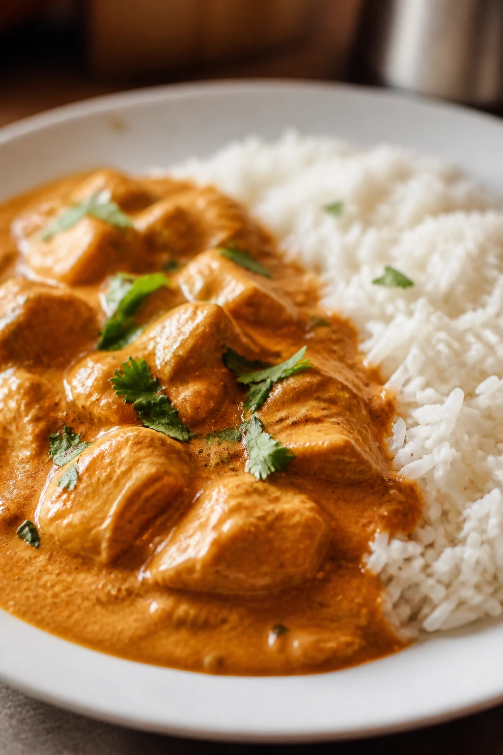Creamy butter chicken with rice on a white plate in a warm kitchen