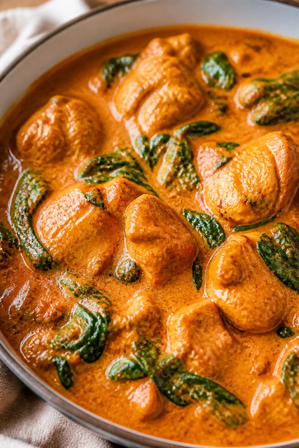 Butter chicken curry with spinach in a bowl