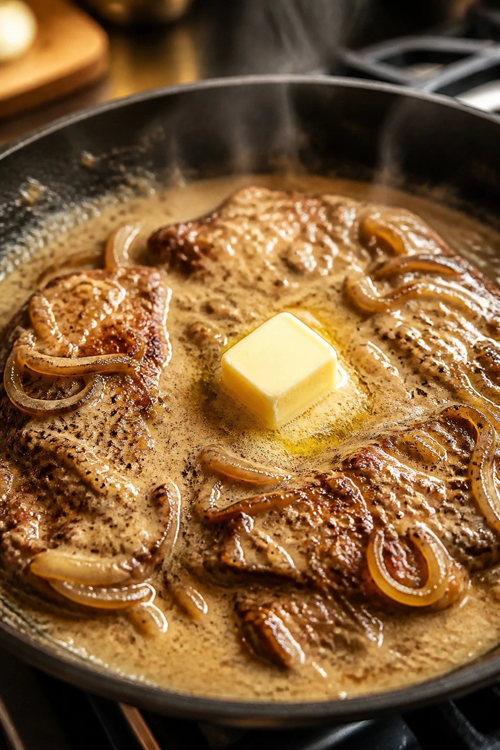 Butter melting into creamy gravy in a hot skillet
