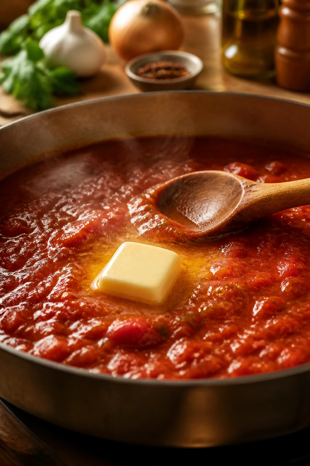 Butter melting into tomato sauce in a pan