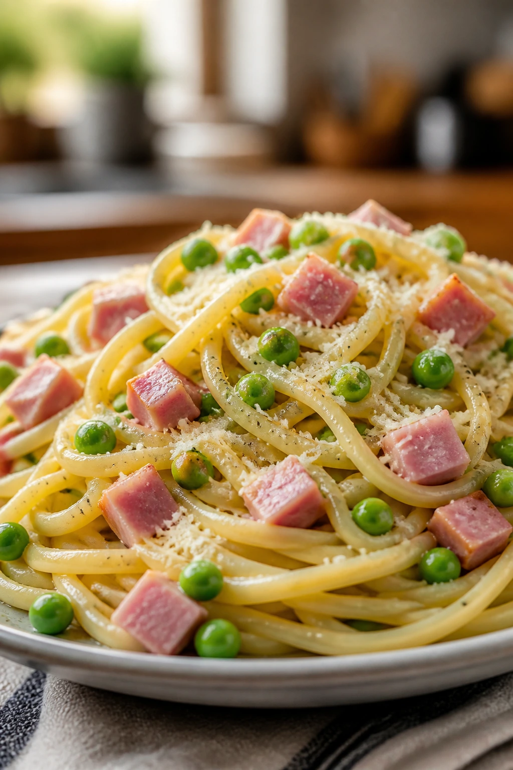 Buttered parmesan noodles with peas and ham on a plate