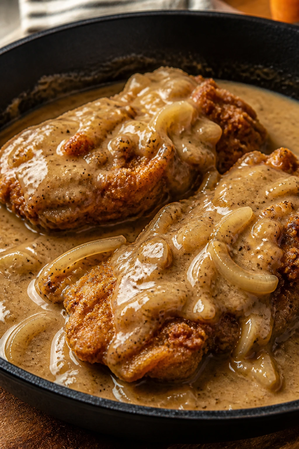 Crispy buttermilk fried chicken with pepper gravy close-up