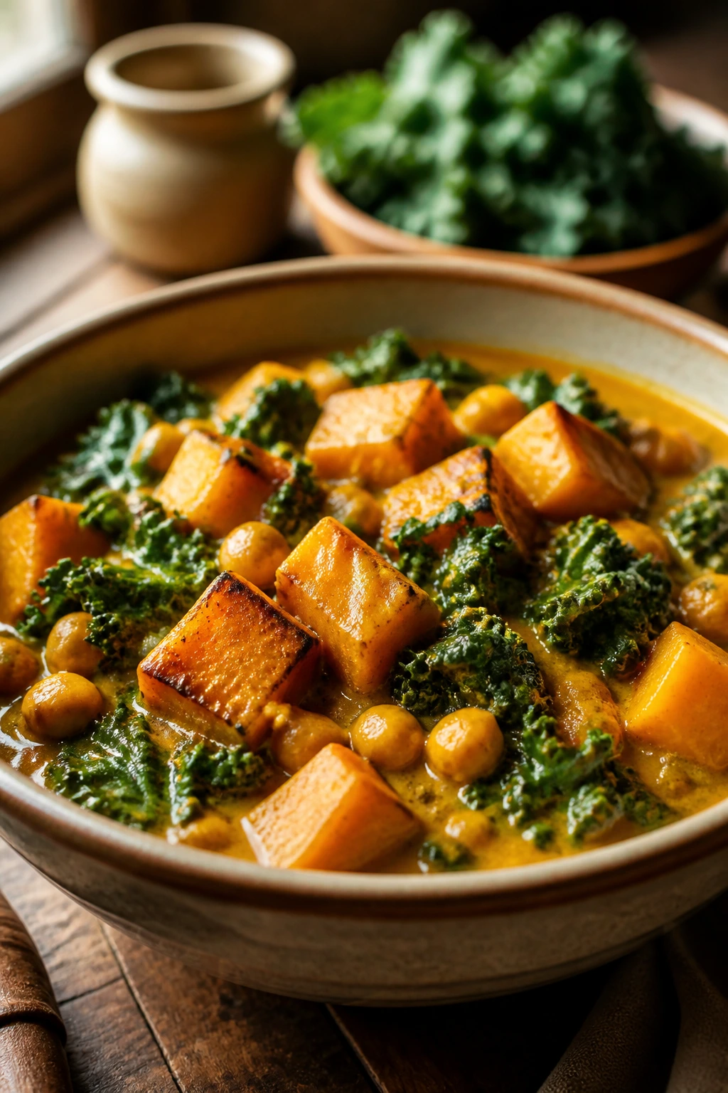 Close-up of roasted butternut squash and kale in a vibrant coconut curry bowl