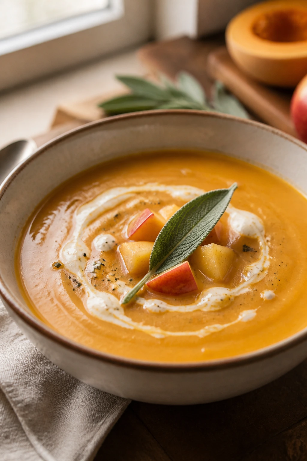 Golden butternut squash and apple soup with sage garnish in a bowl.