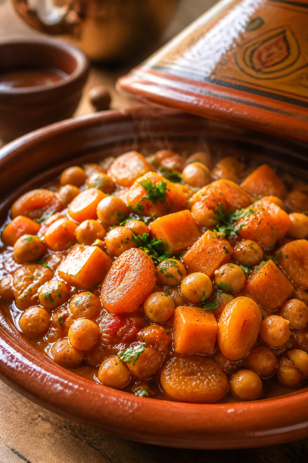Steaming tagine with squash, chickpeas, and apricots in a rich sauce