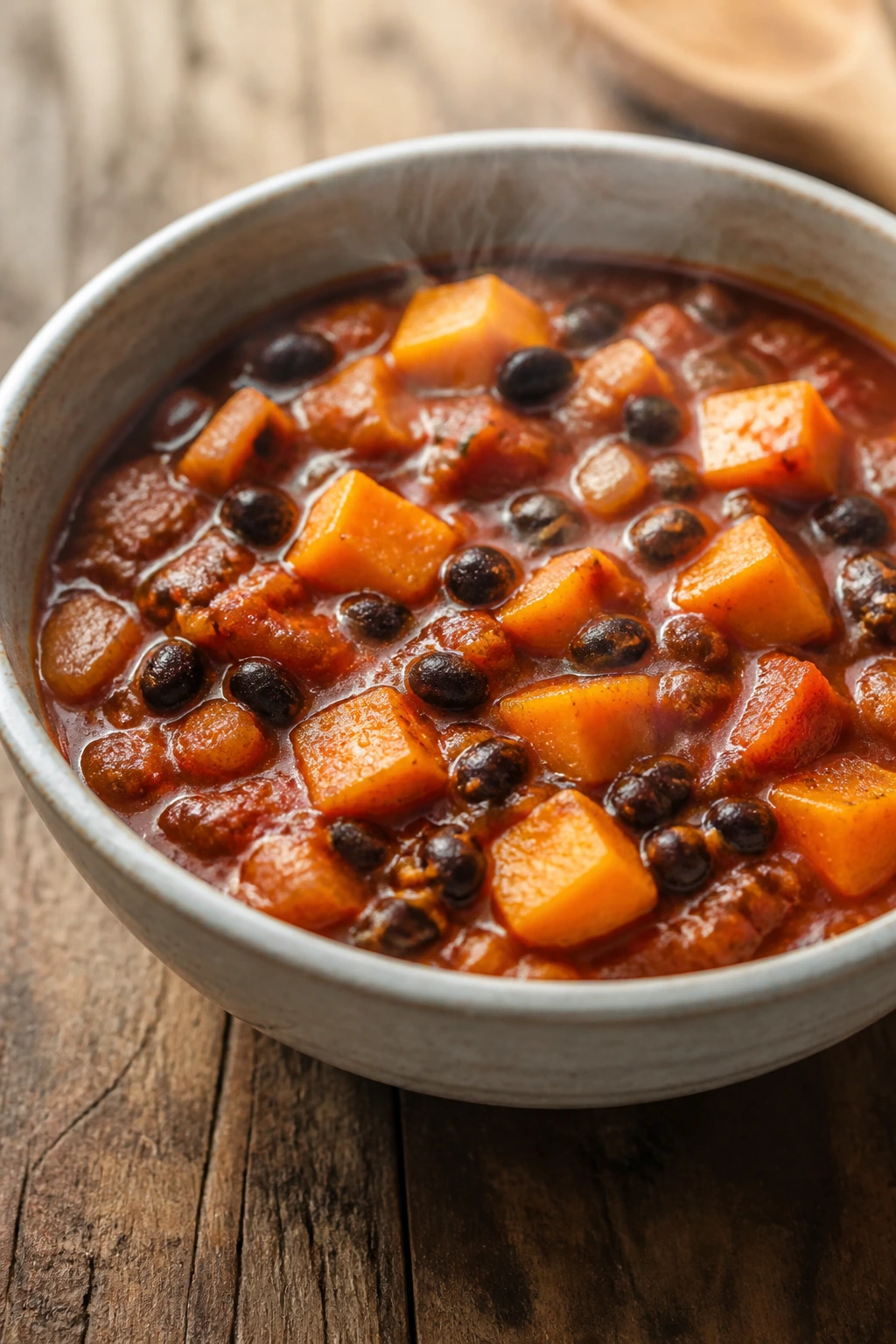 Chili with butternut squash and black beans in a ceramic bowl