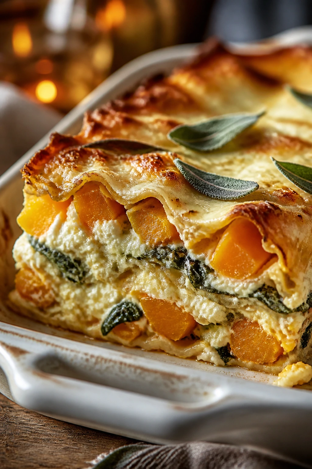 Close-up slice of butternut squash ricotta lasagna showing layers