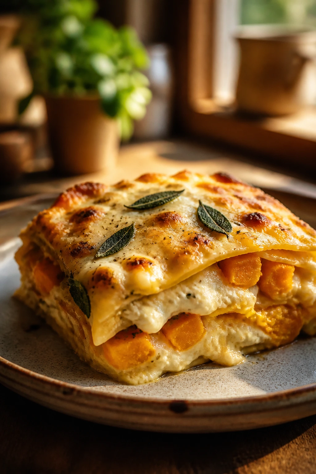 Close-up of a butternut squash lasagna slice on a rustic plate with visible squash and ricotta layers