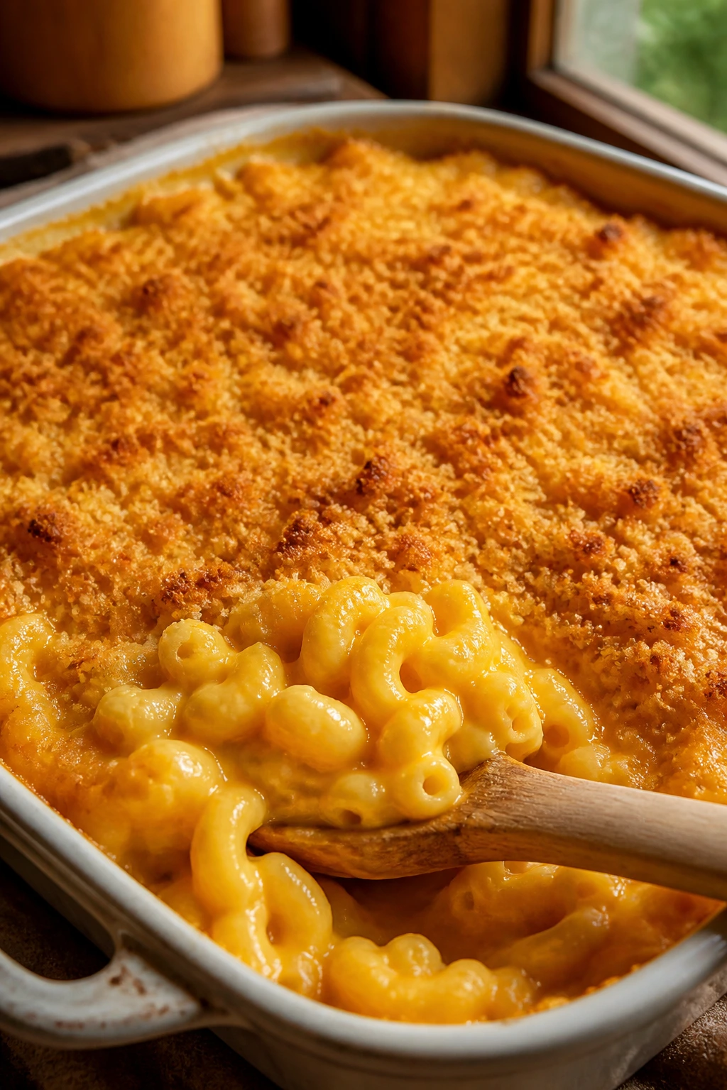 Close-up of butternut squash mac and cheese bake with breadcrumb crust in a warm kitchen