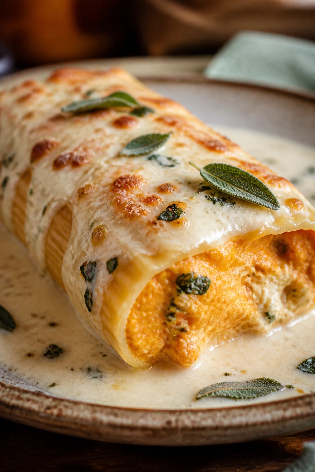 Close-up of Butternut Squash and Sage Manicotti with sage leaves on creamy sauce