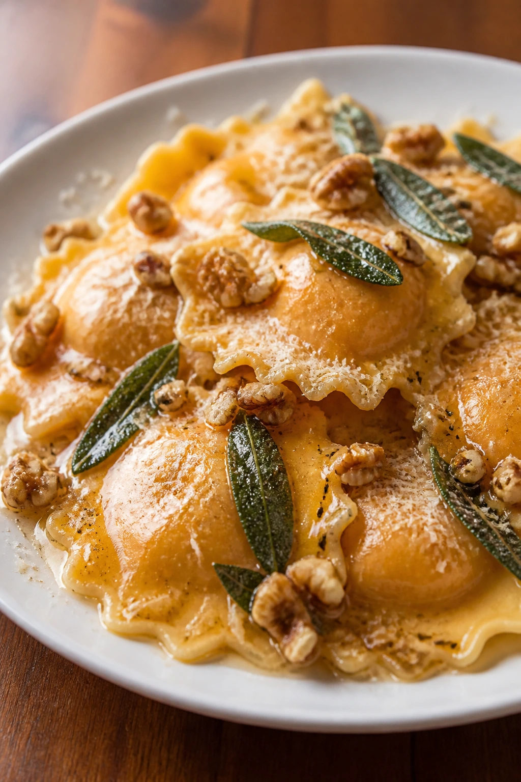 Close-up of butternut squash ravioli with sage brown butter, walnuts, and parmesan.