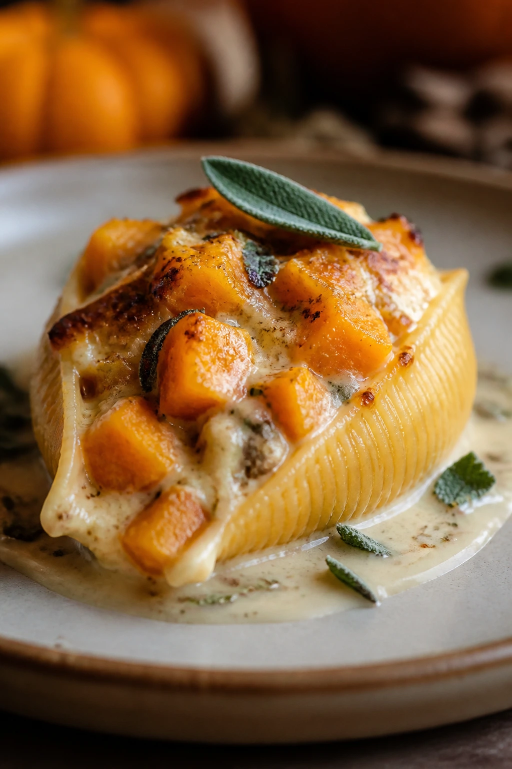 Close-up of butternut squash and sage stuffed shell on plate with cream sauce