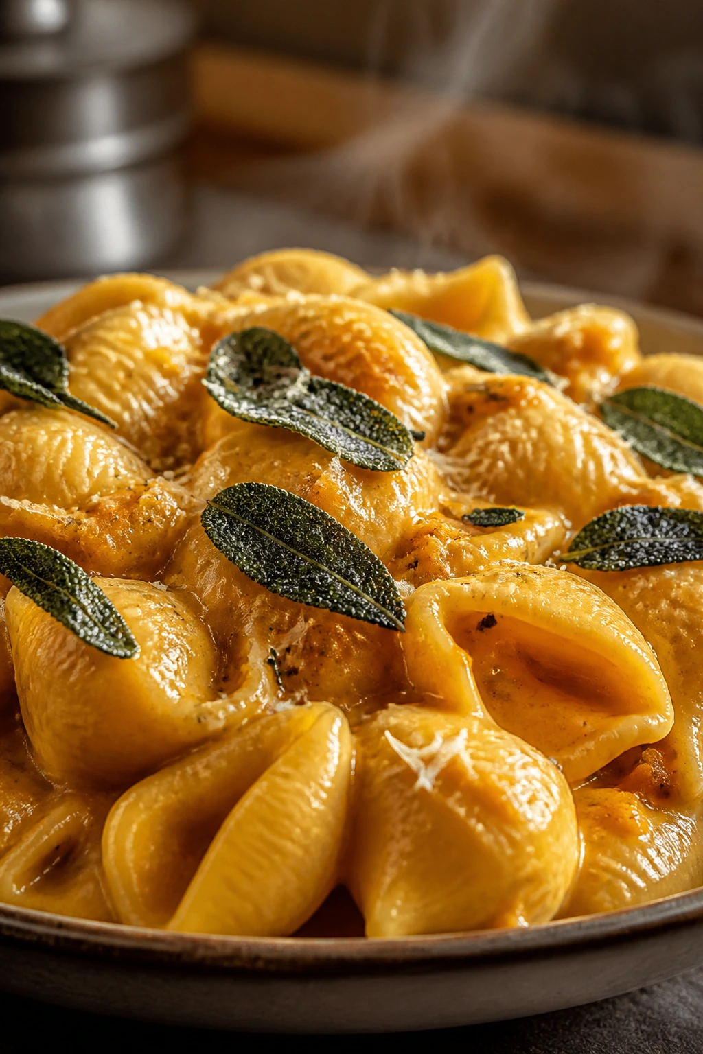 Close-up of butternut squash sauce on sage-shell pasta