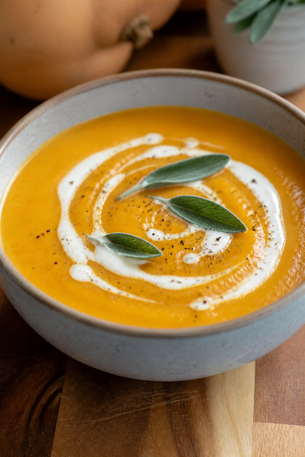 Close-up of butternut squash soup with cream swirl