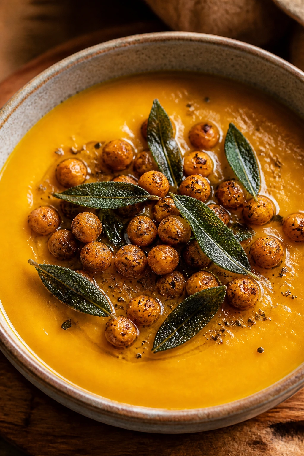 Close-up of butternut squash soup with crispy sage and chickpeas