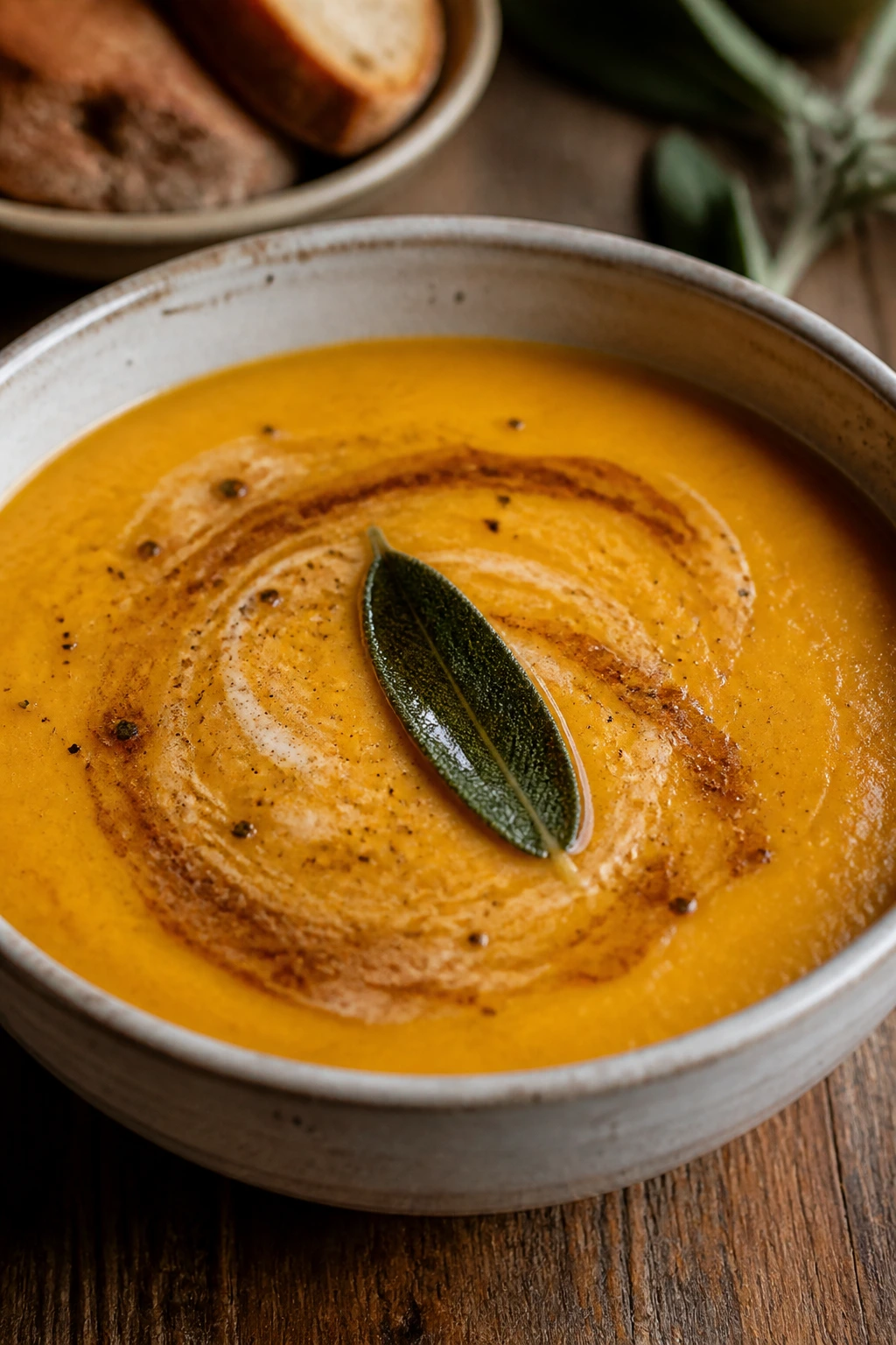 Brown butter butternut squash and white bean soup in a bowl